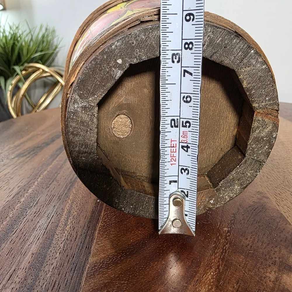 Vintage Handcrafted Small Wooden Pot with Floral Design Scandinavian Antique
